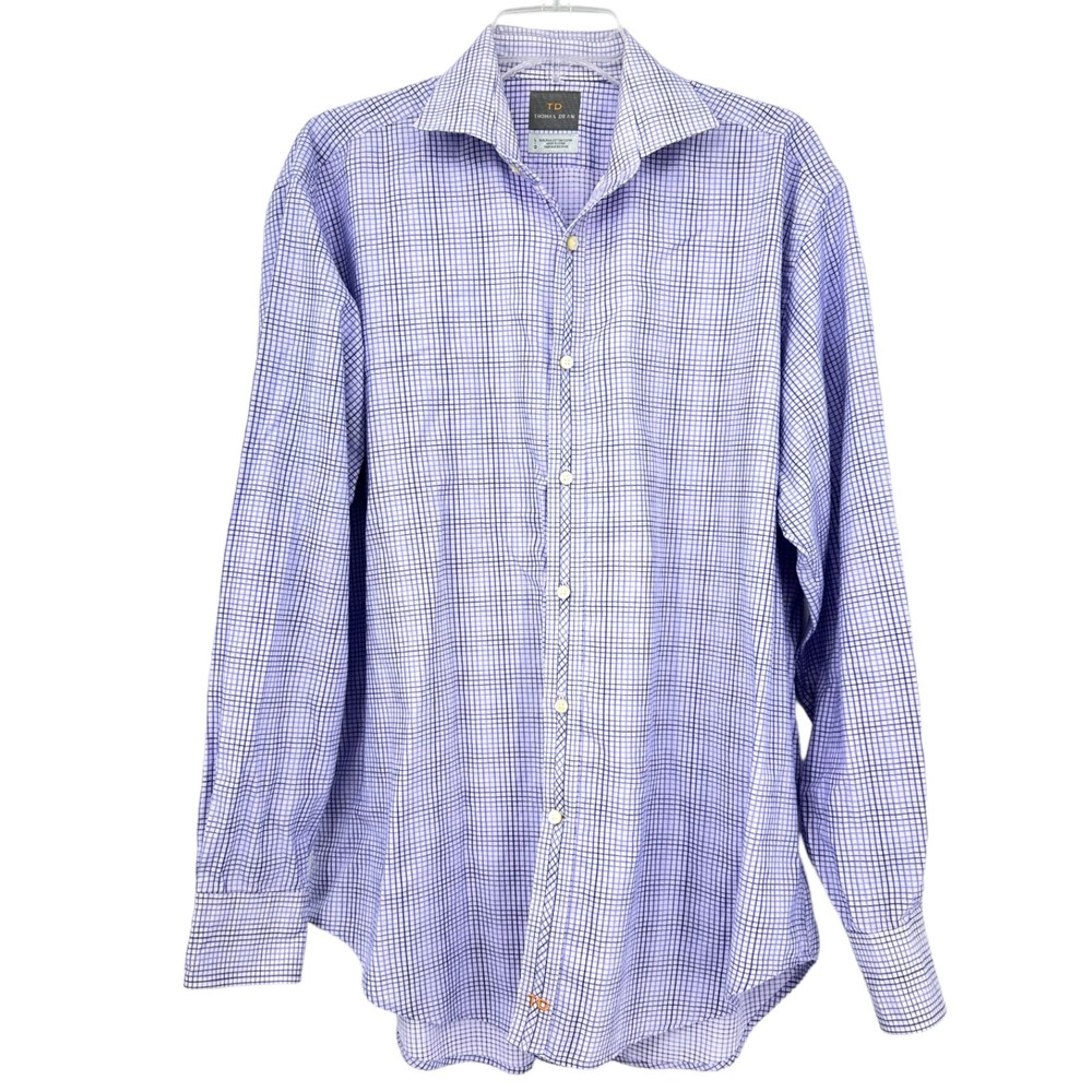 Thomas Deen Pima Cotton Shirt Mens L Long Sleeve Blue White Check Button Down